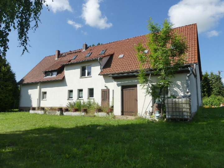 Einfamilienhaus mit rotem Ziegeldach und weißer Fassade, gesehen von vorne, umgeben von Grünfläche und Bäumen