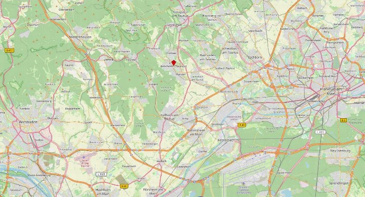Lagekarte mit Markierung von Kelkheim am Taunus, umgeben von Straßen und Nachbargemeinden wie Frankfurt am Main und Wiesbaden