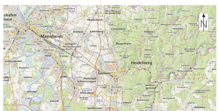 Lagekarte der Region um Heidelberg und Mannheim mit markierten Ortschaften, Straßen und dem Kleinen Odenwald; zeigt den Standort von Leimen im Kontext der Umgebung