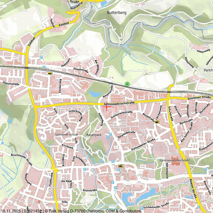 Lagekarte von Erkrath mit markierter Position an der Schimmelbuschstraße, umgeben von Straßen, Grünflächen und Gewässern