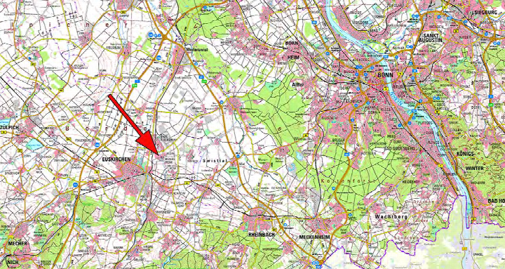 Lagekarte mit rotem Pfeil auf Euskirchen, umgeben von Nachbarorten und Verkehrsachsen