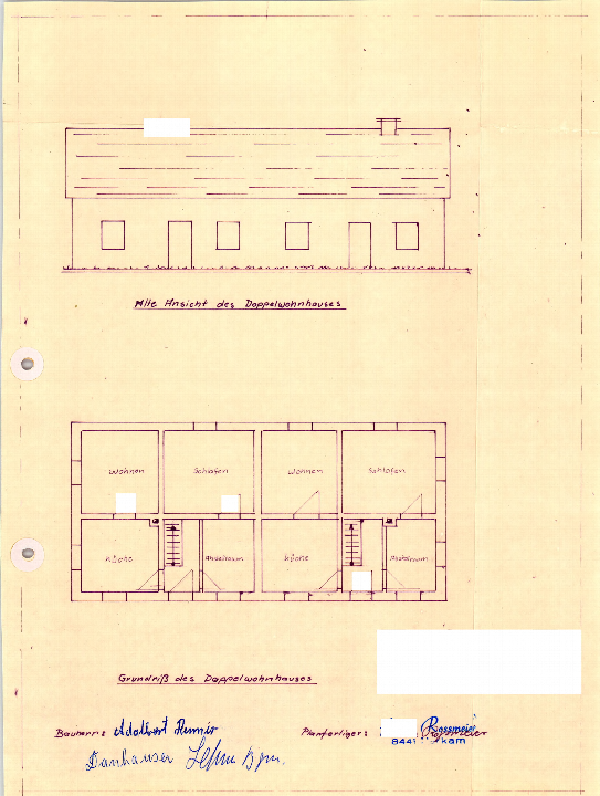 Grundriss und Ansicht eines Doppelwohnhauses mit Wohn-, Schlaf- und Küchenräumen sowie Treppen und Abstellräumen
