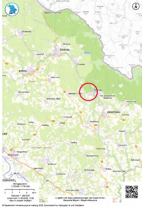 Lagekarte des Grundstücks Ochsenberg in Spiegelau-Klingenbrunn, 94078, mit umliegenden Ortschaften und topografischen Merkmalen