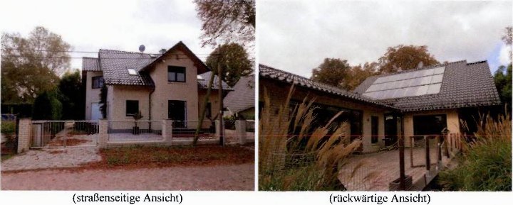 Einfamilienhaus in Britz, Waldstraße 46, mit Straßenansicht und Rückseite; beidseitig mit Ziegeldach, Solaranlage und Gartenbereich