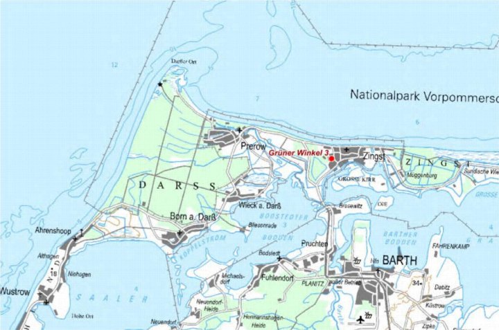 Lagekarte der Ostseeheilbad Zingst mit Markierung des Grundstücks Grüner Winkel 3 im Nationalpark Vorpommersche Boddenlandschaft
