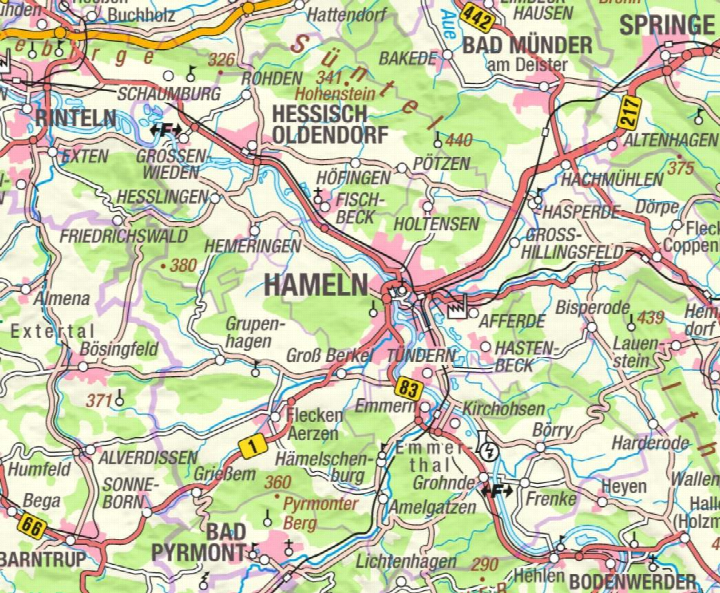 Lagekarte der Region um Hameln und Bad Münder am Deister mit Straßen, Flüssen und Ortschaften