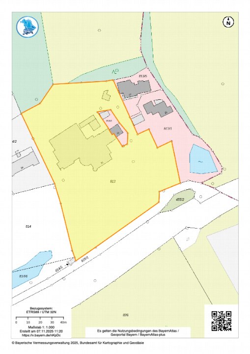 Flurkarte mit Grundstücksnummern und Parzellenabgrenzung für Hauzenberg, Penzenstadl 31, inklusive Koordinatensystem ETRS89/UTM 32N