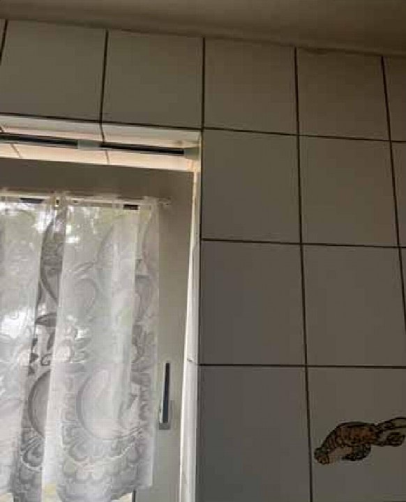 Küchenbereich mit grauen Schränken, Fliesenwand und Fenster mit durchsichtiger Gardine