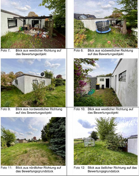Mehrere Außenansichten des Grundstücks mit Garten, Grünflächen, Pflanzen, Trampolin und Gewächshaus aus verschiedenen Richtungen