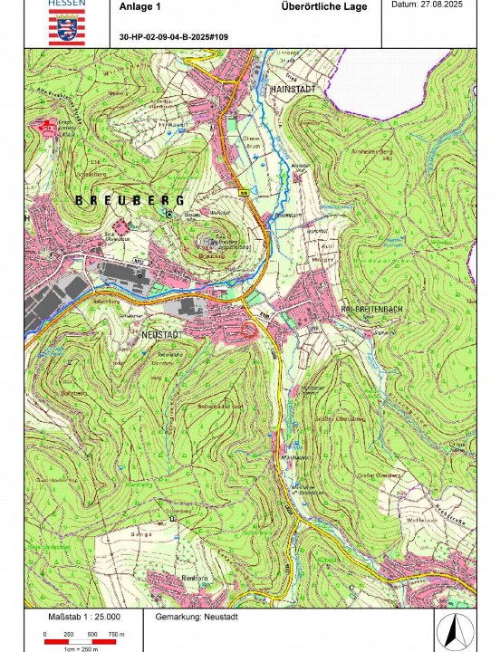 Lagekarte der Gemarkung Neustadt mit umliegenden Ortschaften Breuberg und Hainstadt, topografische Darstellung mit Höhenlinien und Straßenverläufen