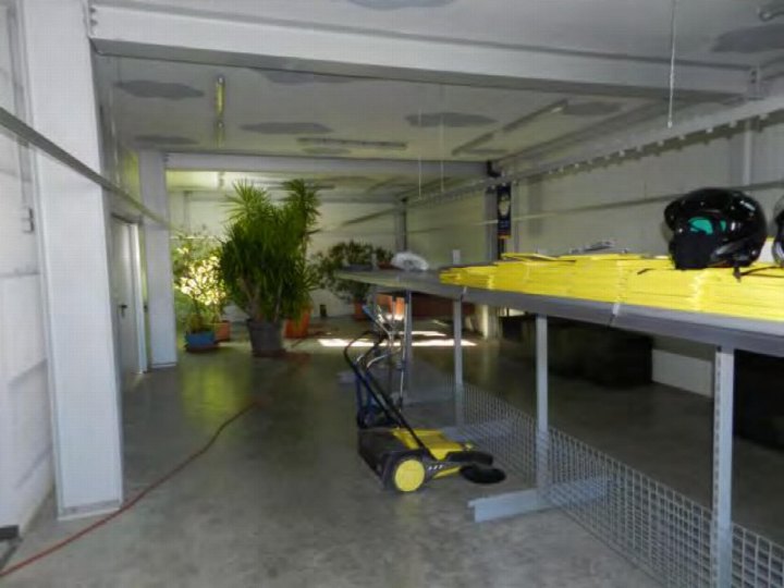 Garage mit Betonboden, Metallregalen, gelbem Rasenmäher und Pflanzen im Hintergrund