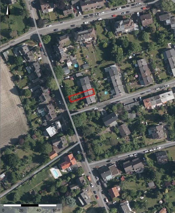 Luftbild der Wohngegend in Dortmund mit markierter Immobilie an der Wesengutstr. 4, umgeben von Straßen und Grünflächen