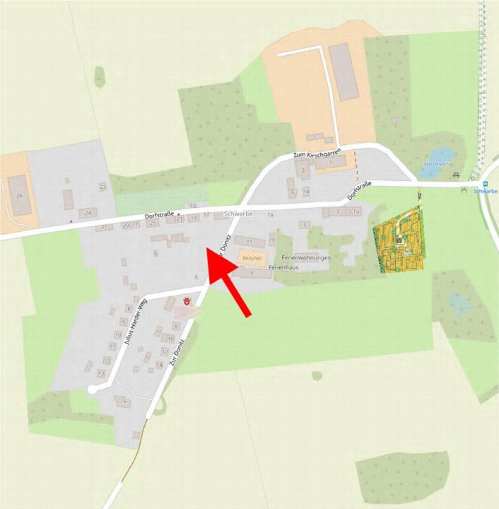 Lagekarte des Ortes Schwarbe mit Straßenverläufen, Grundstücken und Bebauung; roter Pfeil markiert einen bestimmten Standort