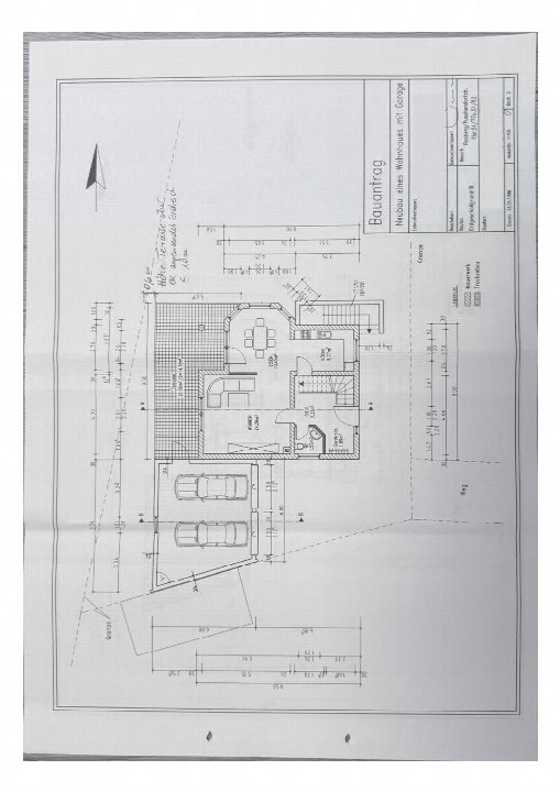 Grundriss eines Einfamilienhauses mit Garage, inklusive Wohnbereich, Küche, Schlafzimmer und Abmessungen; Bauantrag für Zeitz OT Rasberg