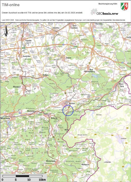 Lagekarte von Brilon und Umgebung mit blauem Kreis um einen Bereich nahe Brilon, aus dem Geodatenportal TIM-online der Bezirksregierung Köln