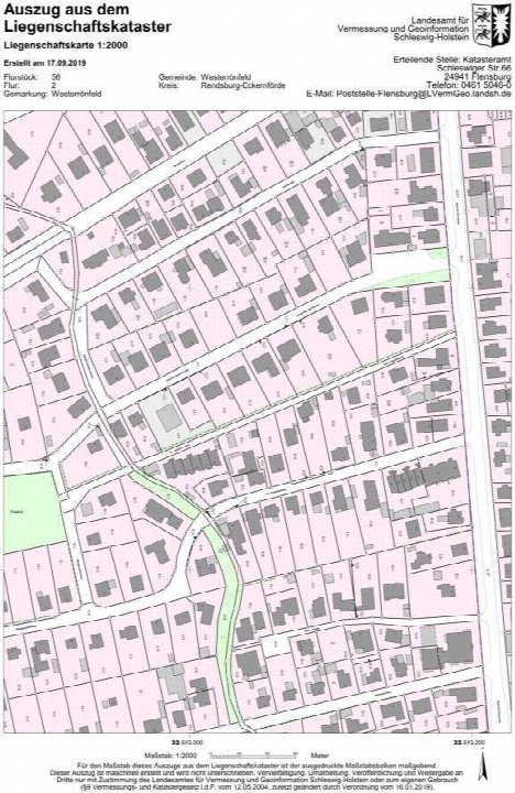 Flurkarte von Westerrönfeld, Flurstück 56, Flur 2, Gemarkung Westerrönfeld, Maßstab 1:2000, erstellt am 17.09.2019