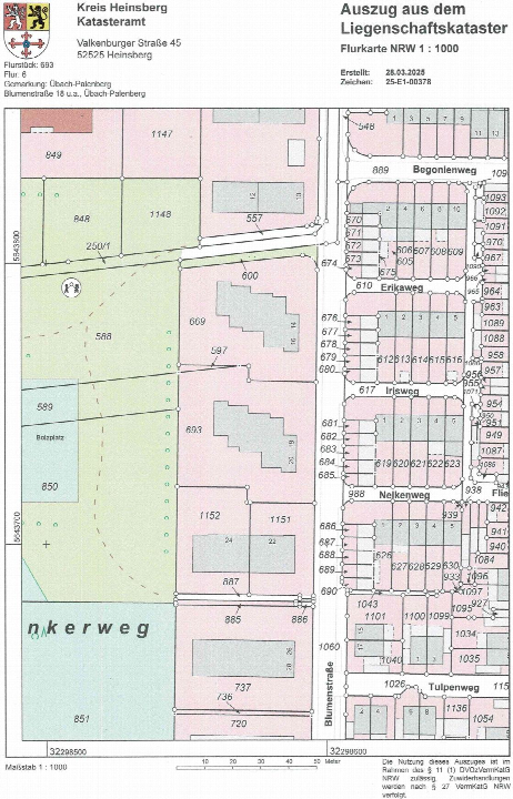 Flurkarte des Liegenschaftskatasters für Übach-Palenberg, Blumenstraße 18 u.a., mit Parzellennummern und Straßenbezeichnungen im Maßstab 1:1000