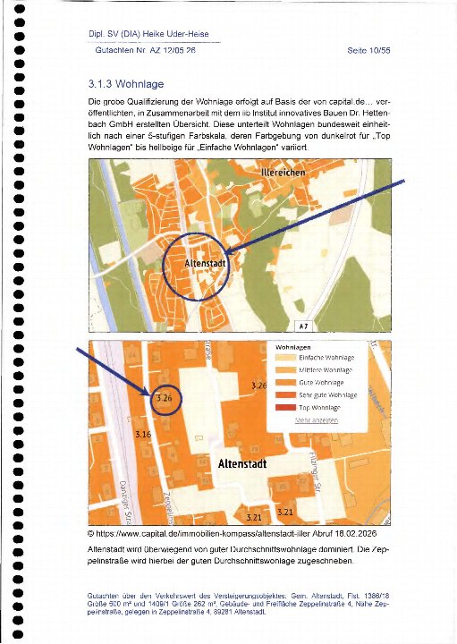 Lagekarte von Altenstadt mit farbcodierter Wohnlagebewertung; Zeppelinstraße 4 ist in der guten Durchschnittswohnlage eingeordnet