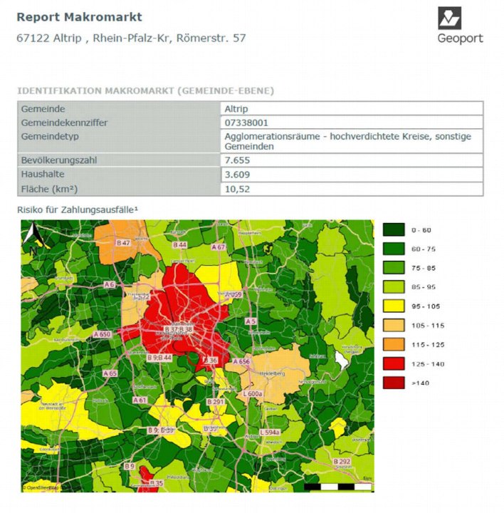 Lagekarte von Altrip mit Risikokennzeichnung für Zahlungsausfälle, darunter Gemeindedaten und Verkehrsnetz