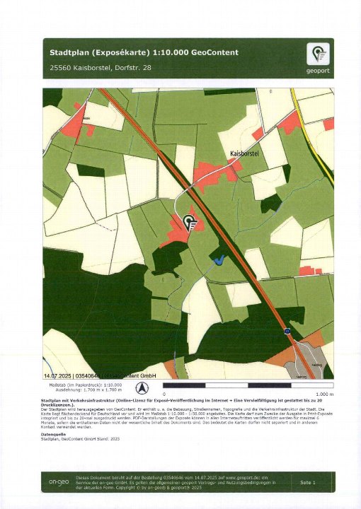 Lagekarte des Grundstücks Kaisborstel, Dorfstraße 28, mit Straßen, Feldern und Lagebezeichnung im Maßstab 1:10.000