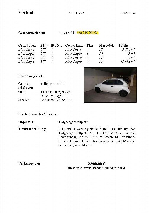 Textseite — Kfz-Stellplatz (Tiefgarage) in Niedergörsdorf, Altes Lager