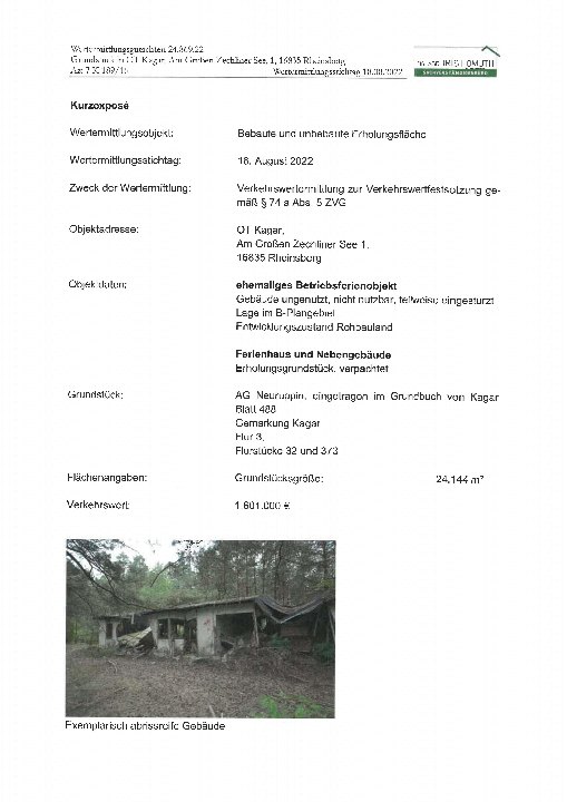 Textseite — Grundstück in Rheinsberg OT Kagar
