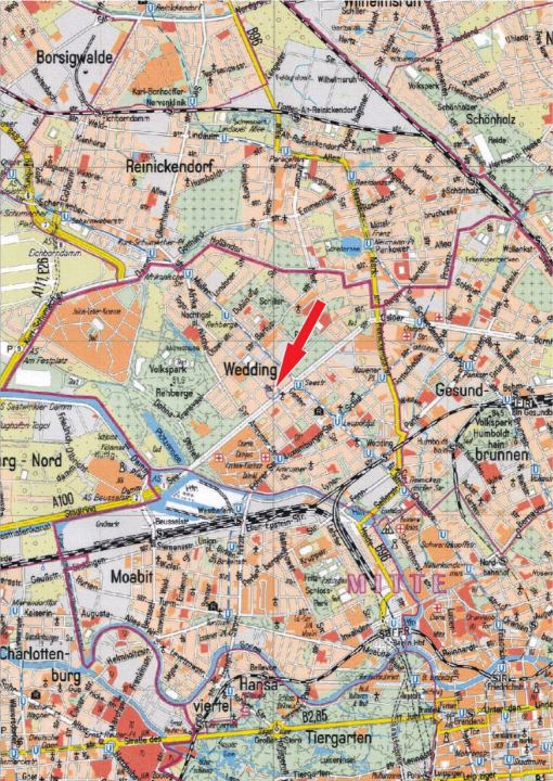 Karte von Berlin, zeigt den Bezirk Wedding mit roter Pfeil