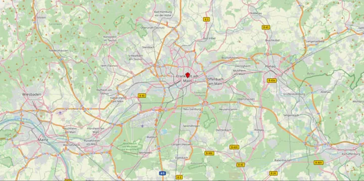 Lagekarte mit Frankfurt am Main im Zentrum, umgebenden Städten und Autobahnen wie A3 und A66