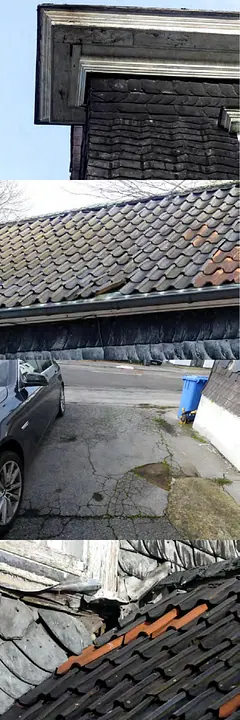 Dachansicht eines Wohn-/Geschäftshauses mit dunklen Wellziegeln, teilweise beschädigt und verwittert, sowie Dachrinne und Gaubenkonstruktion