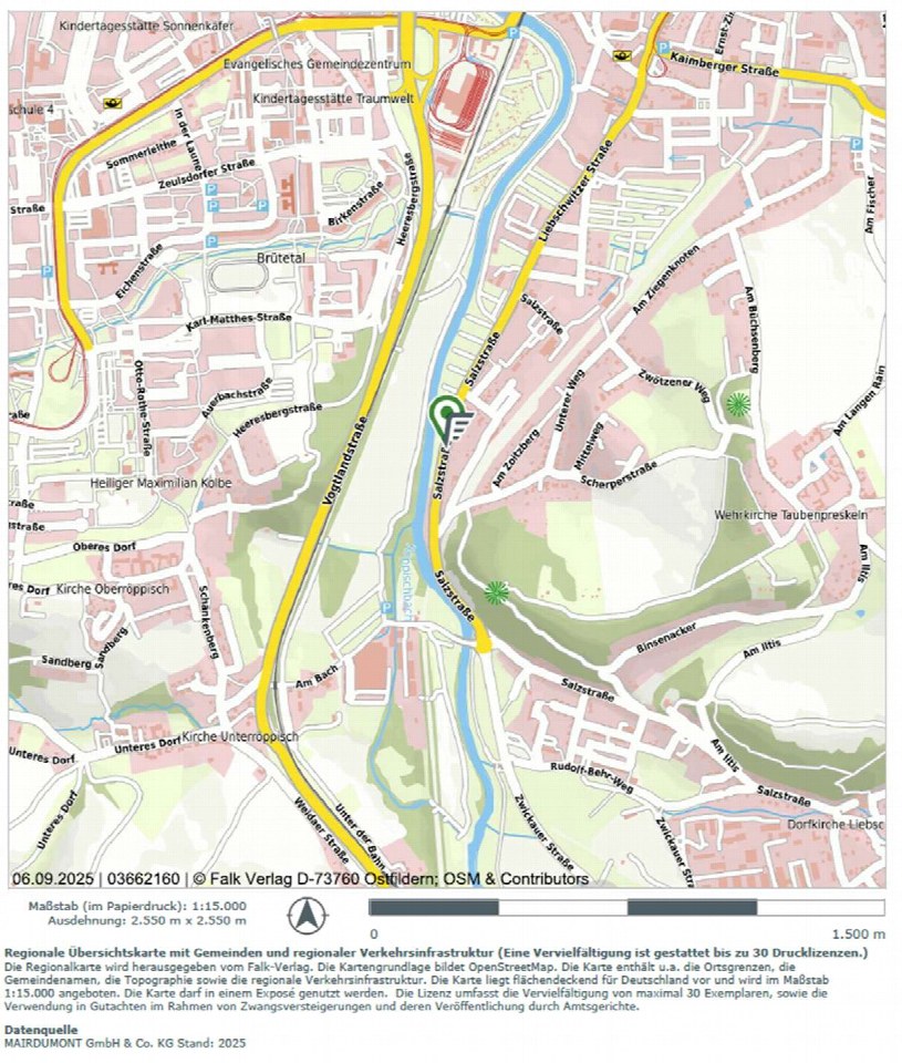 Lagekarte der Umgebung von Salzstraße 55 in Gera mit Straßen, Grünflächen und benachbarten Ortschaften