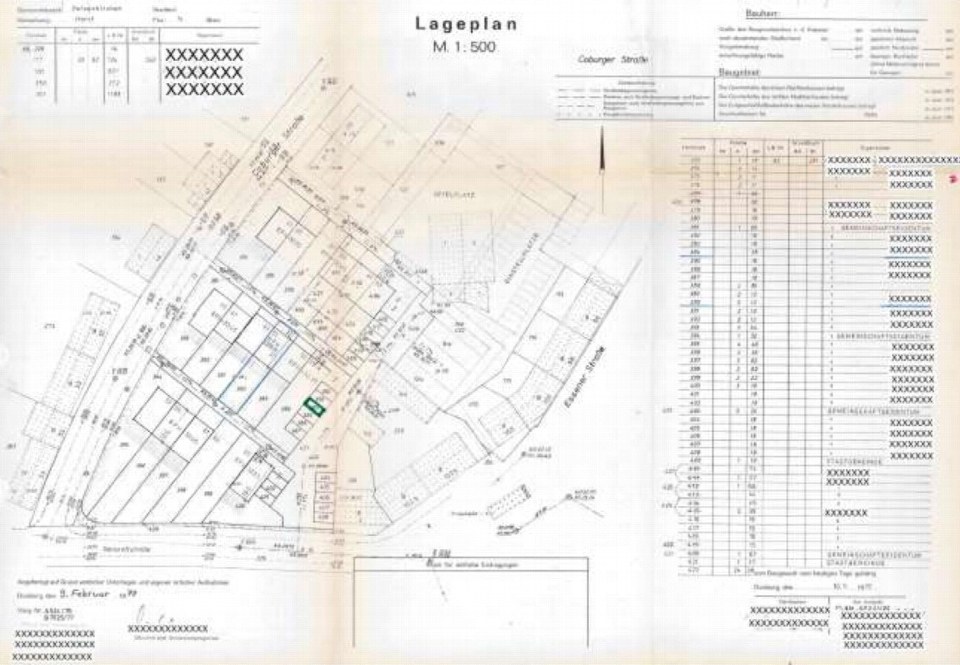 Lageplan im Maßstab 1:500 mit Grundstücksabgrenzungen, Straßen und Gebäuden in Marl, Gudrunstraße 1a