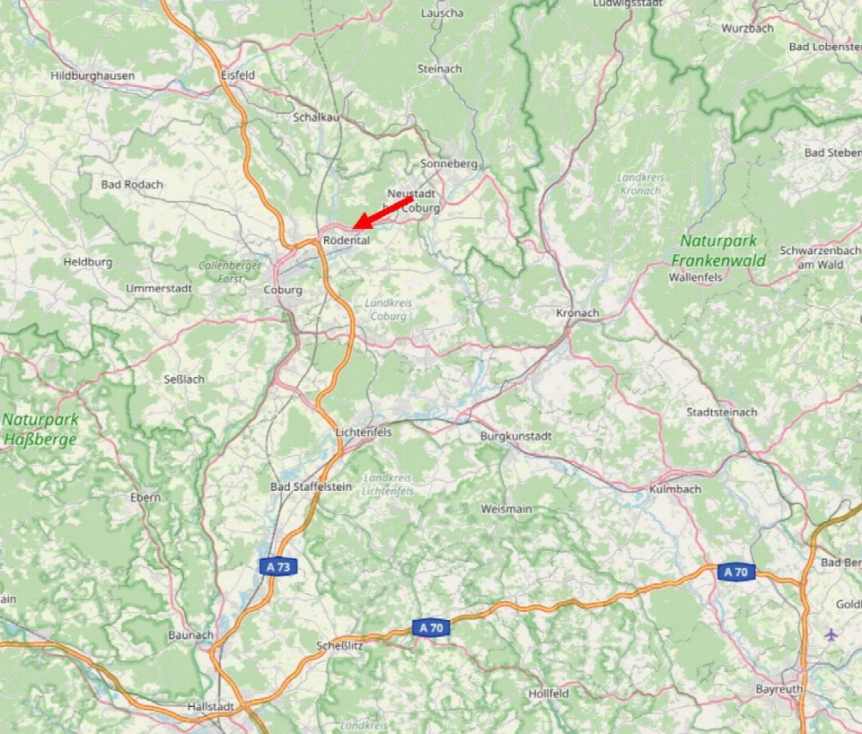 Lagekarte der Umgebung von Rödental mit markierter Position in der Nähe der Mecklenburger Straße 14, 96472 Rödental