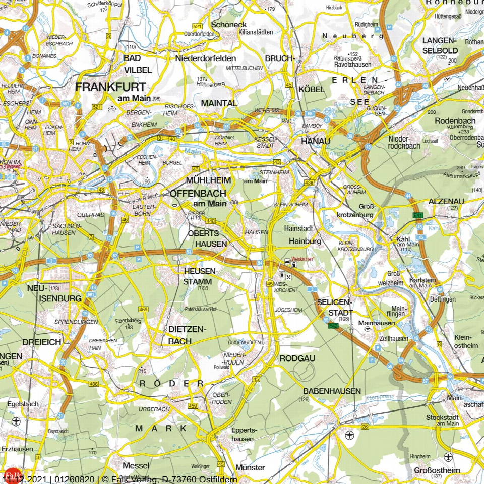 Lagekarte der Region um Frankfurt am Main mit Städten wie Hausen, Offenbach und Hanau sowie Straßen und Flüssen