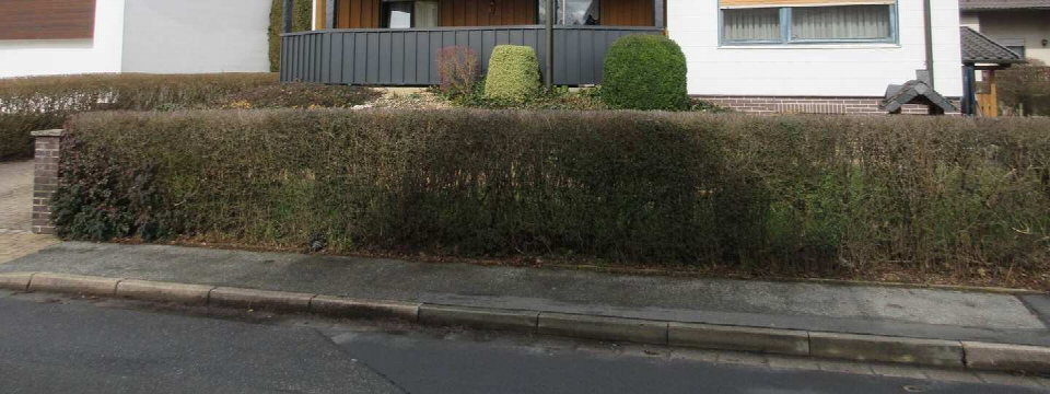 Vorderansicht eines Wohnhauses mit Hecke, Gehweg und Balkon im Stadtteil Stockheim, Maxschachtstraße 2