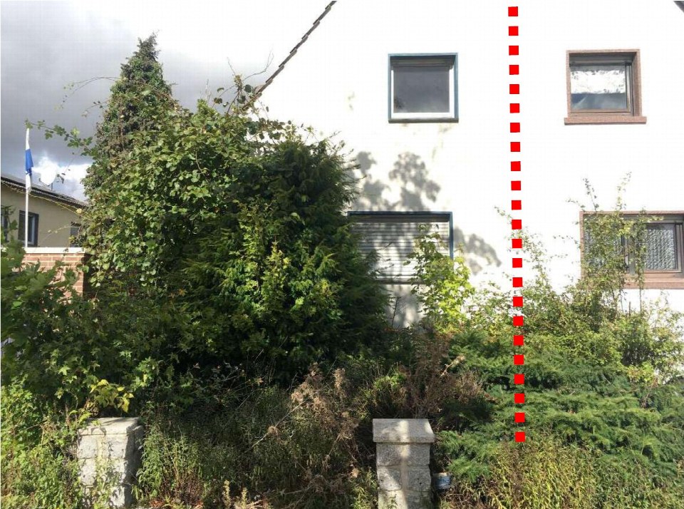 Gartenbereich mit dichtem Buschwerk und Sträuchern vor einem weißen Gebäude mit Fenstern, Ahlen, Beckumer Straße 161