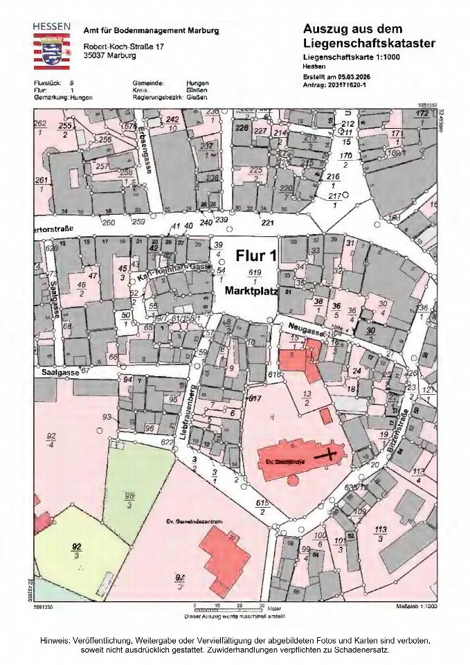 Cadastral map of Flur 1 in Hungen, showing property parcels, streets like Liebfrauenberg und Marktplatz, and plot numbers. Scale 1:1000