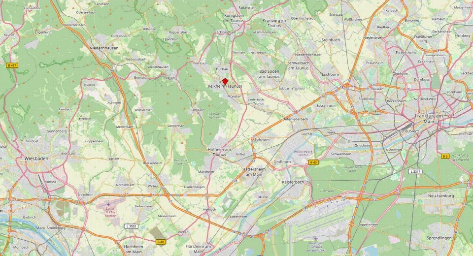 Lagekarte mit Markierung von Kelkheim am Taunus, umgeben von Straßen und Nachbargemeinden wie Frankfurt am Main und Wiesbaden