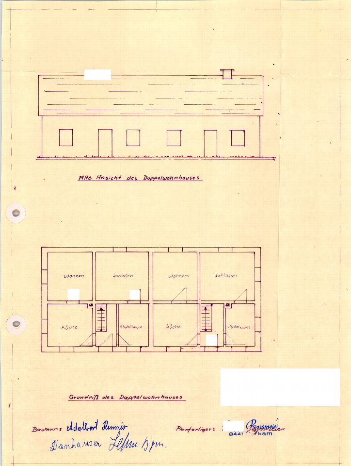 Grundriss und Ansicht eines Doppelwohnhauses mit Wohn-, Schlaf- und Küchenräumen sowie Treppen und Abstellräumen