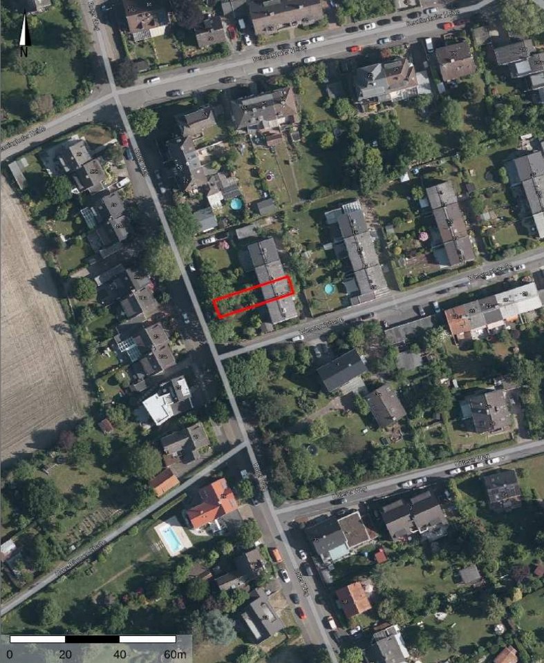 Luftbild der Wohngegend in Dortmund mit markierter Immobilie an der Wesengutstr. 4, umgeben von Straßen und Grünflächen
