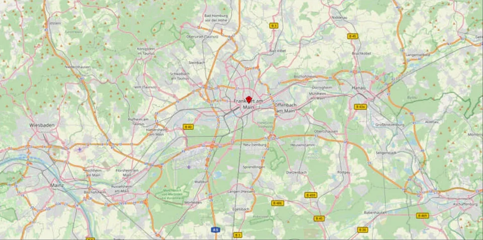 Lagekarte mit Frankfurt am Main im Zentrum, umgebenden Städten und Autobahnen wie A3 und A66