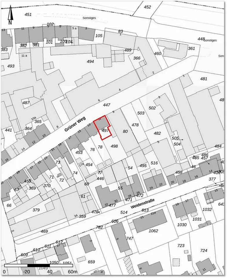 Kadastralplan von Iserlohn, Straße Grüner Weg und Weidenstraße mit Grundstücksnummern