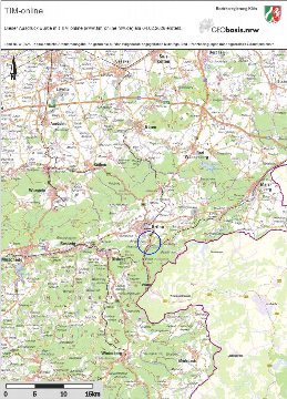Lagekarte von Brilon und Umgebung mit blauem Kreis um einen Bereich nahe Brilon, aus dem Geodatenportal TIM-online der Bezirksregierung Köln
