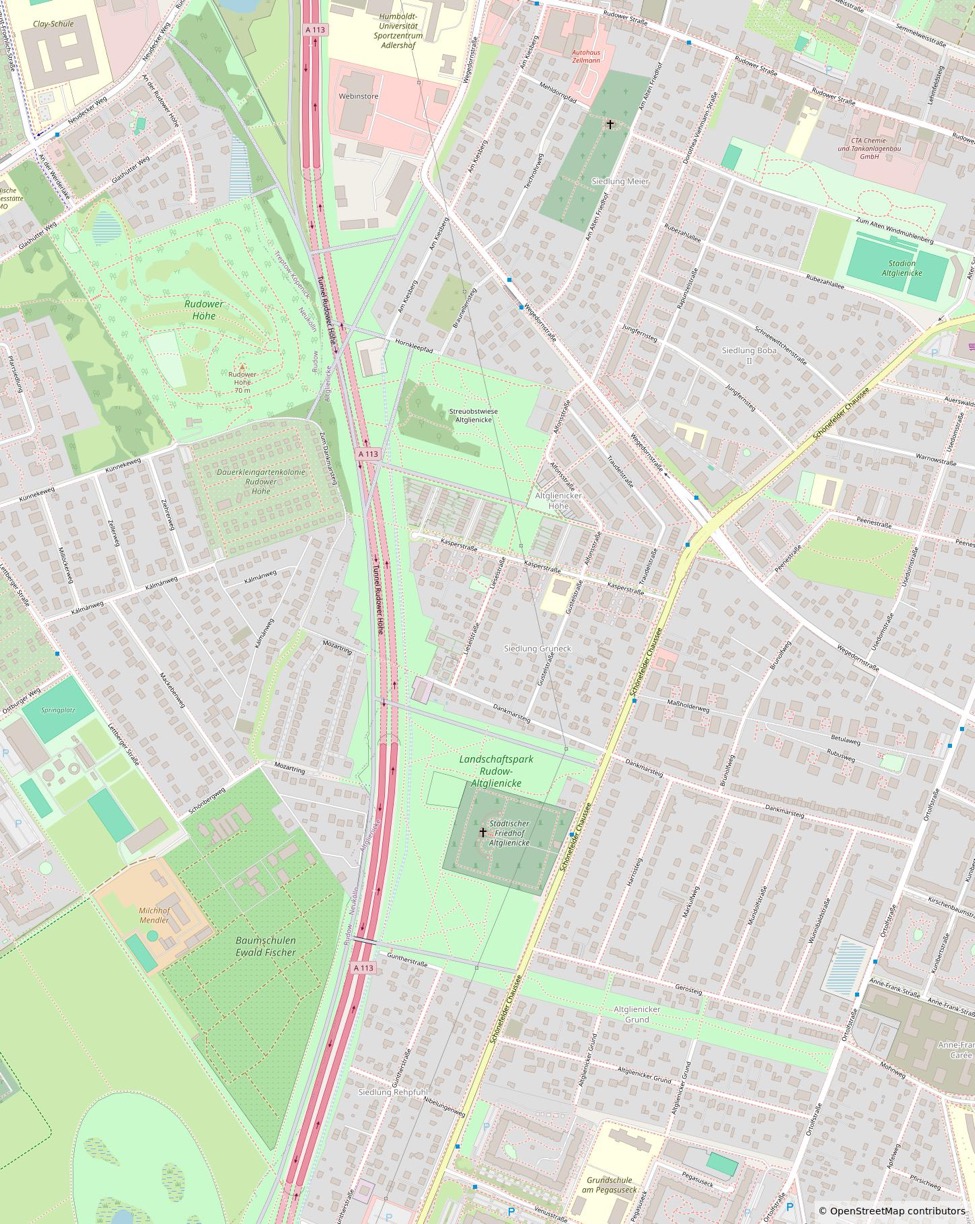 Lagekarte von Berlin-Altglienicke mit Straßen, Grünflächen und der A113, umfassend die Umgebung der Lieselstr. 39