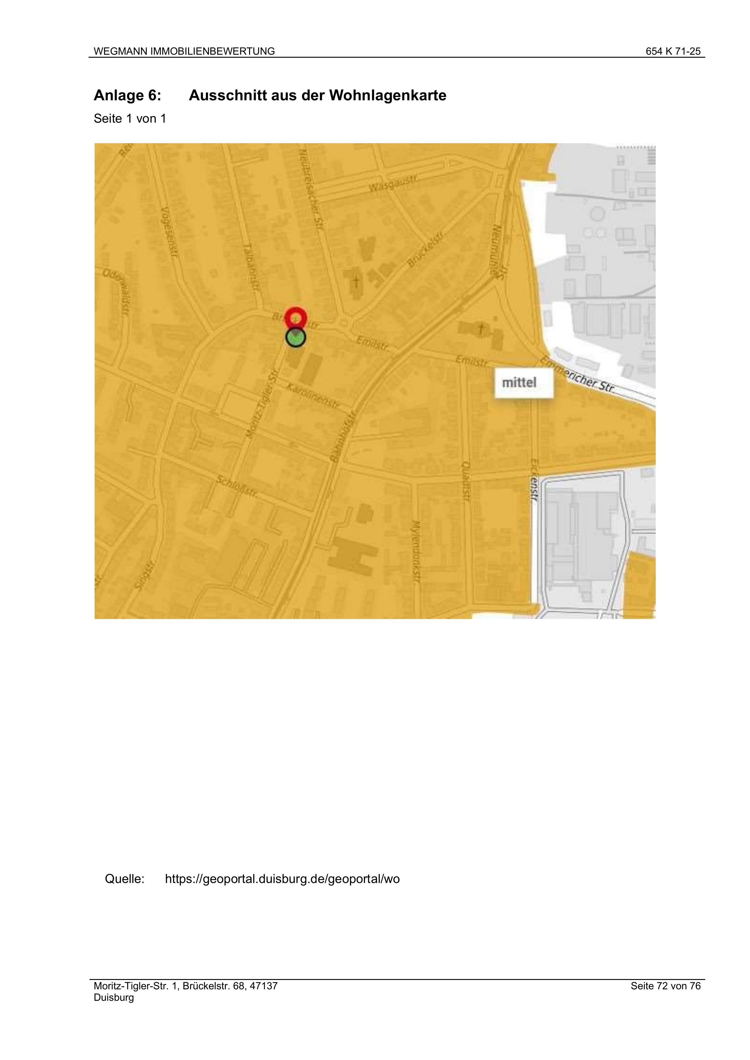 Ausschnitt aus der Wohnlagenkarte von Duisburg, Moritz-Tigler-Str. 1, Brückelstr. 68, mit markierter Lage und Bezeichnung 'mittel