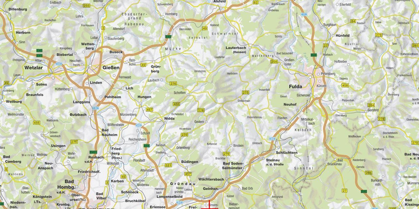 Karte der Region um Linsengericht, 63589, mit Straßenverbindungen und umliegenden Ortschaften; Lage des Wohn-/Geschäftshauses an der Brunnenstraße 6