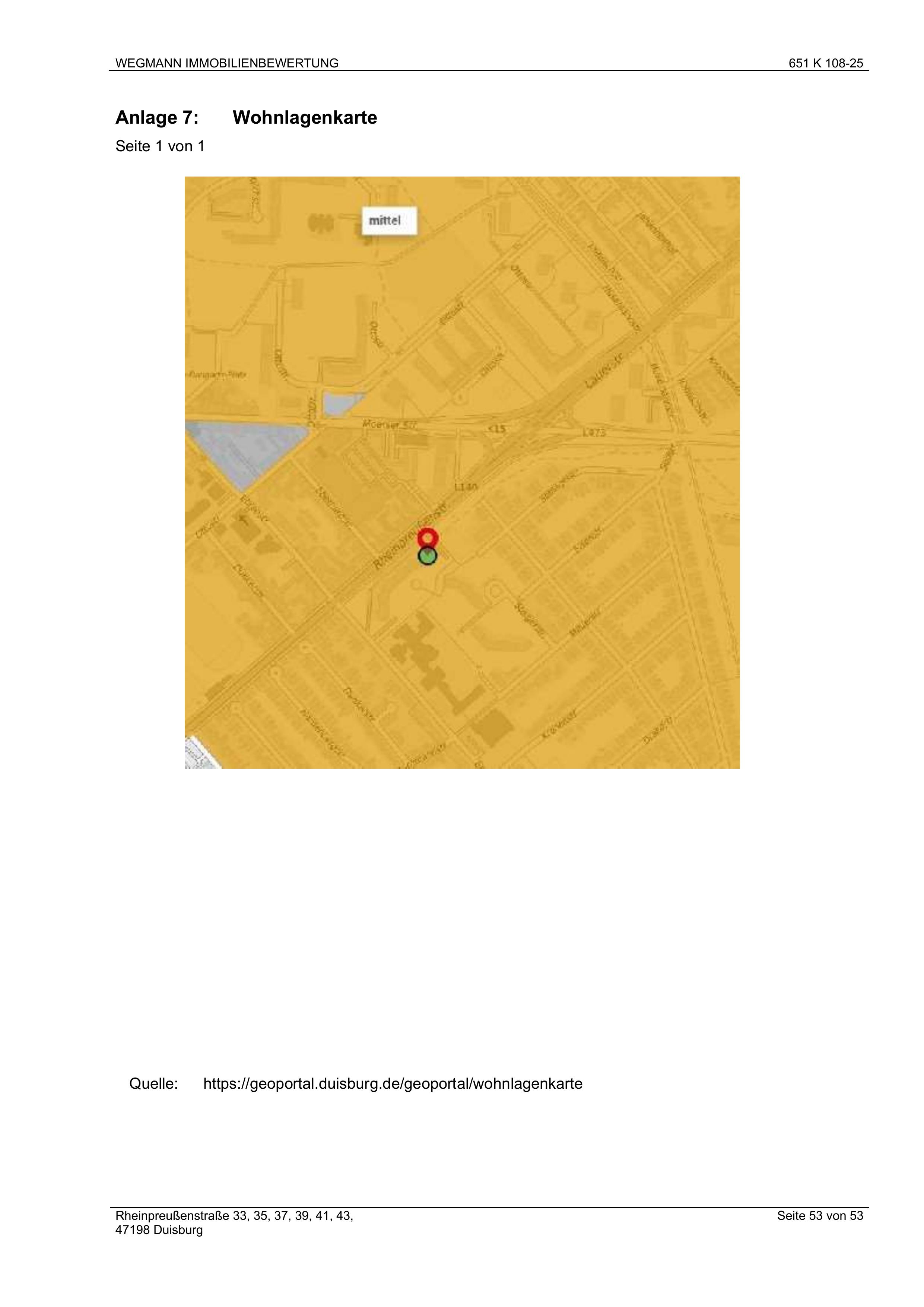 Lagekarte der Rheinpreußenstraße 33, 35, 37, 39, 41, 43 in Duisburg (47198), mit markierter Position und Wohnlagenbewertung 'mittel