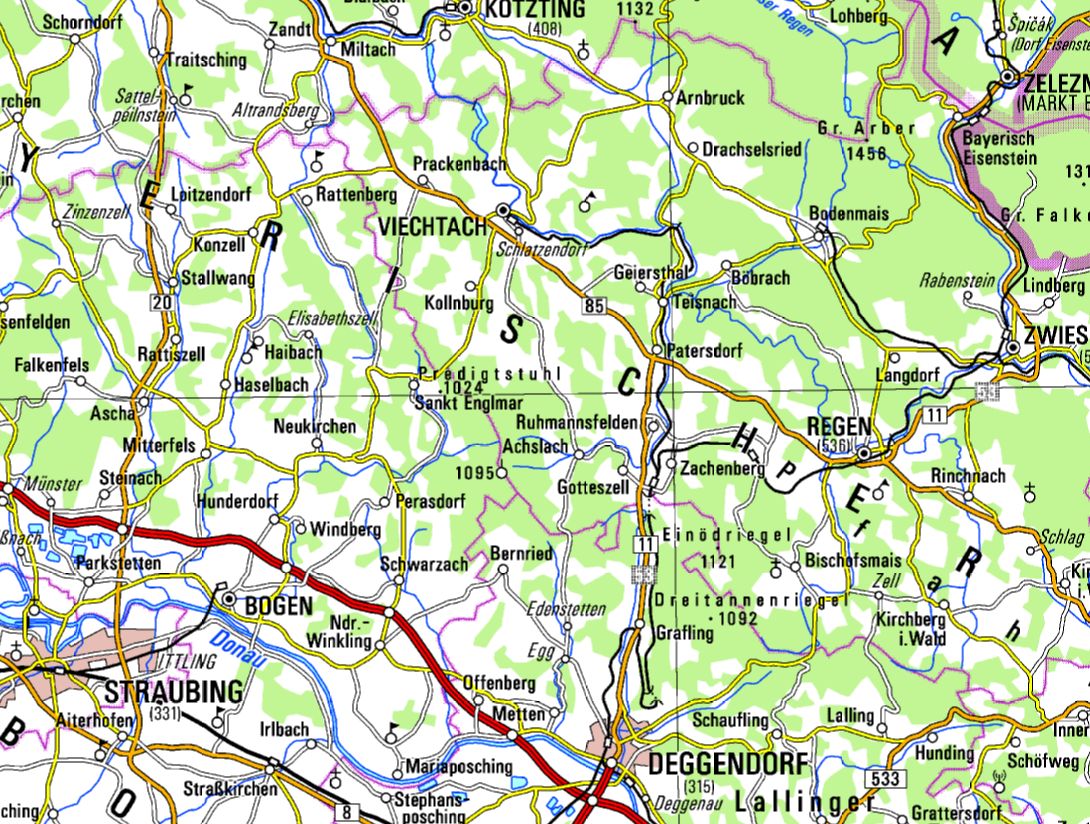 Karte mit Lage des Grundstücks Am Predigtstuhl 4 in St. Englmar, 94379, im Landkreis Regen, Bayern. Markierung der Umgebung mit Straßen, Ortschaften und Höhenlinien