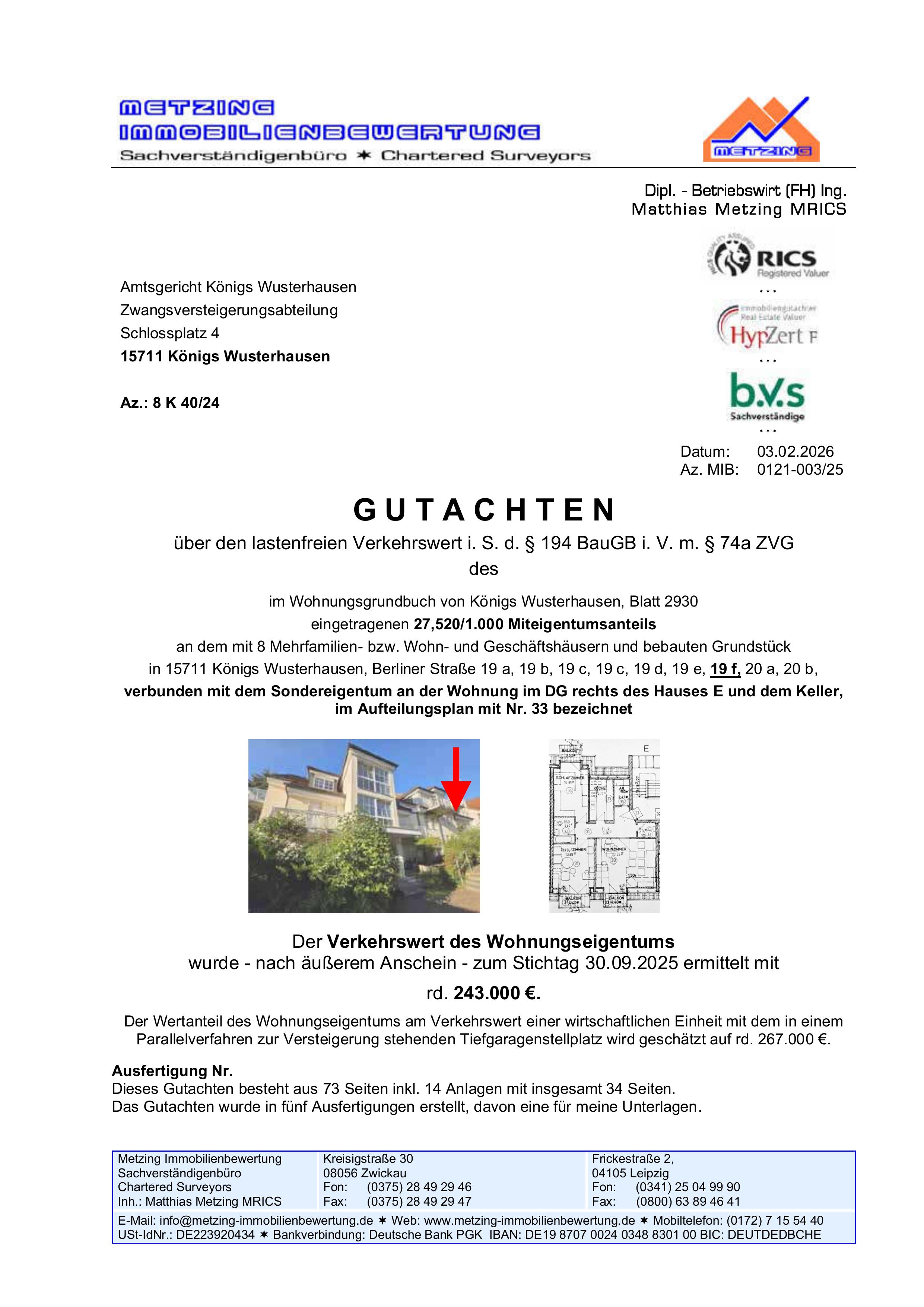 Gutachten zur Zwangsversteigerung in Königs Wusterhausen, Berliner Straße 19f, mit Grundriss und Außenansicht des Gebäudes