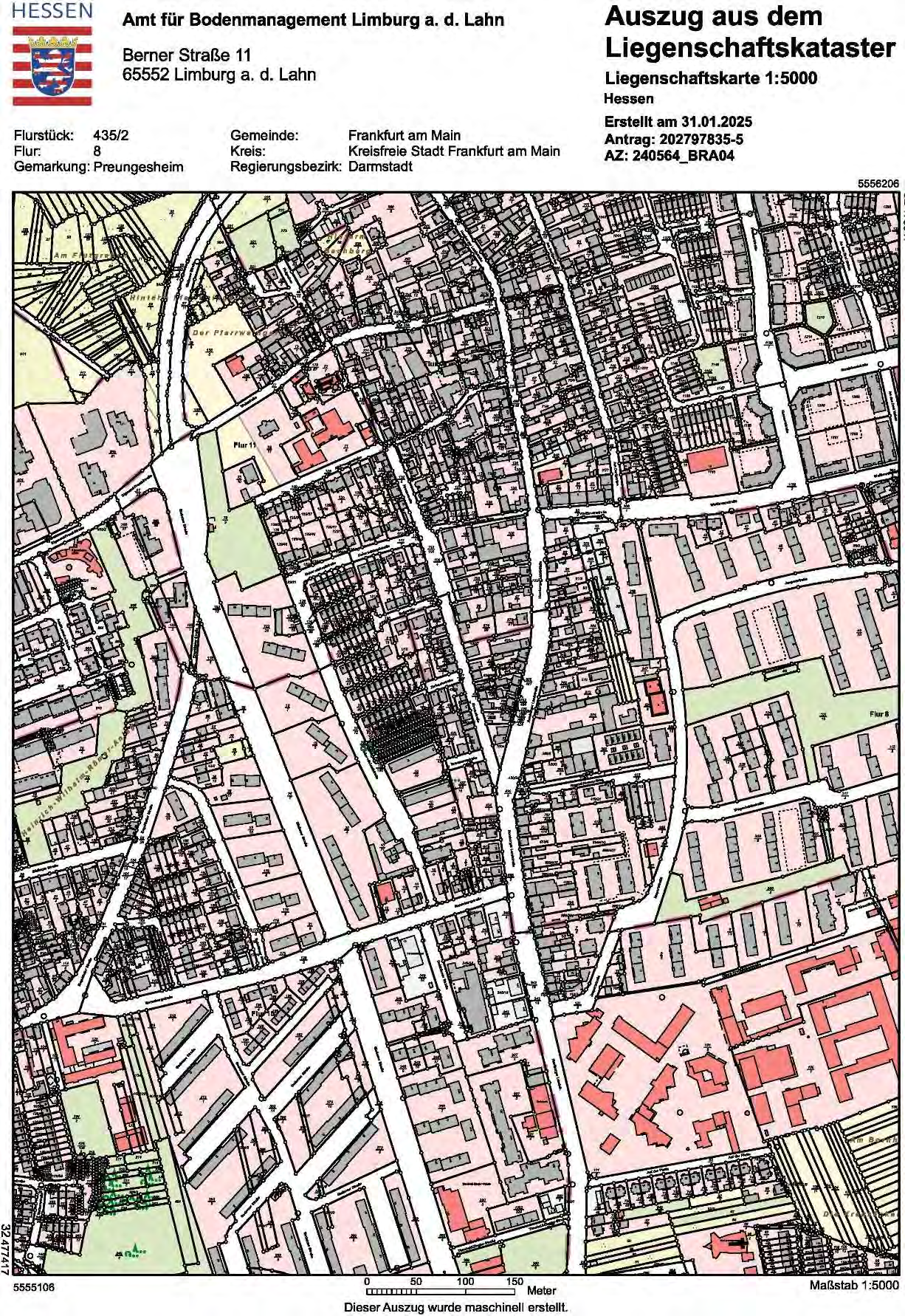 Liegenschaftskarte 1:5000 für Frankfurt am Main, Gemarkung Preungesheim, Flurstück 435/2, Flur 8, aus dem Liegenschaftskataster Hessen