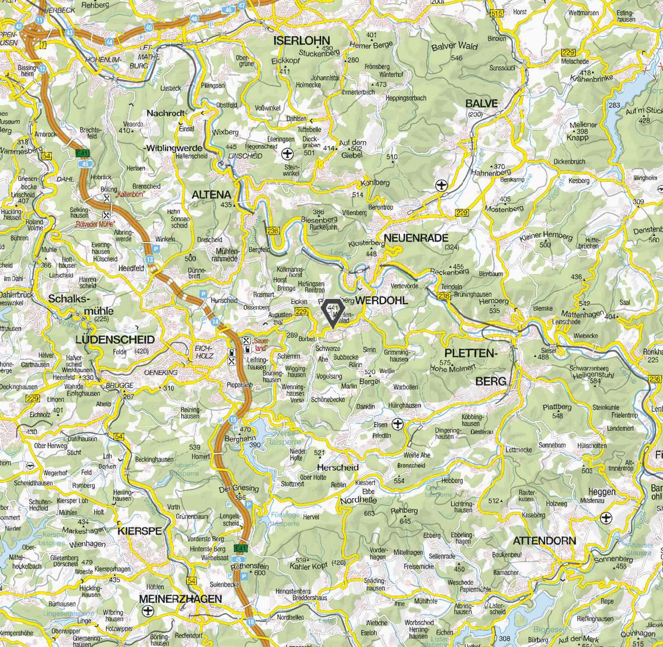 Lagekarte der Umgebung von Werdohl mit Straßen, Ortschaften und Höhenlinien; Markierung des Gebiets Mühlenschlad, Flurstück 312